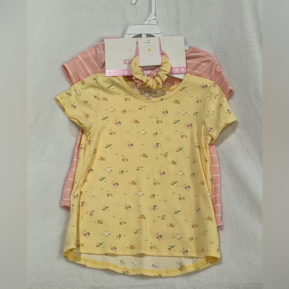 btween Yellow Floral and Pink Striped Tee Set